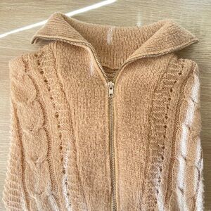 Cozy Tan Quarter Zip Cable Knit Sweater